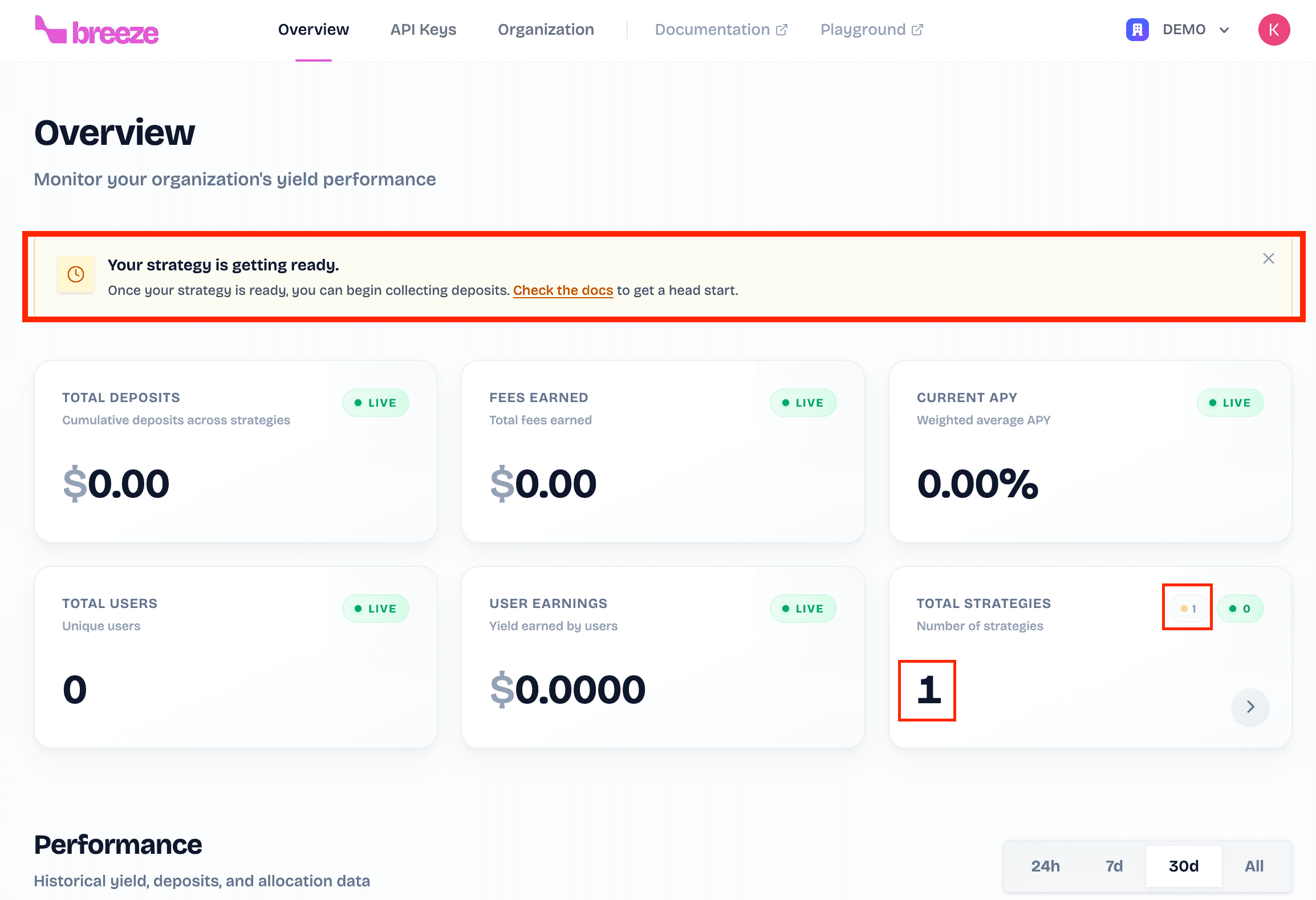 Customer Portal dashboard showing a newly created strategy with Pending status