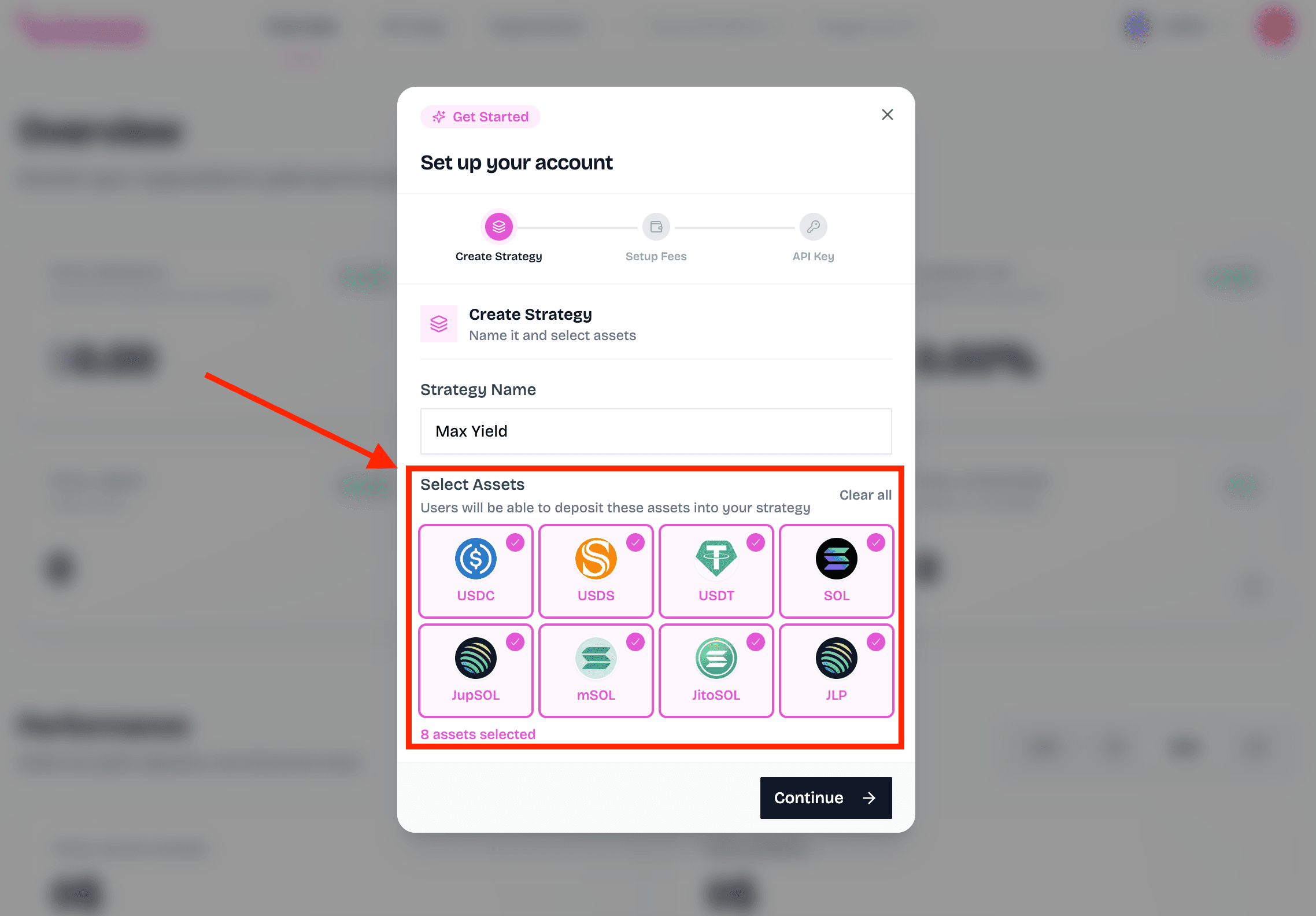 Strategy setup screen for naming a strategy and selecting its supported assets