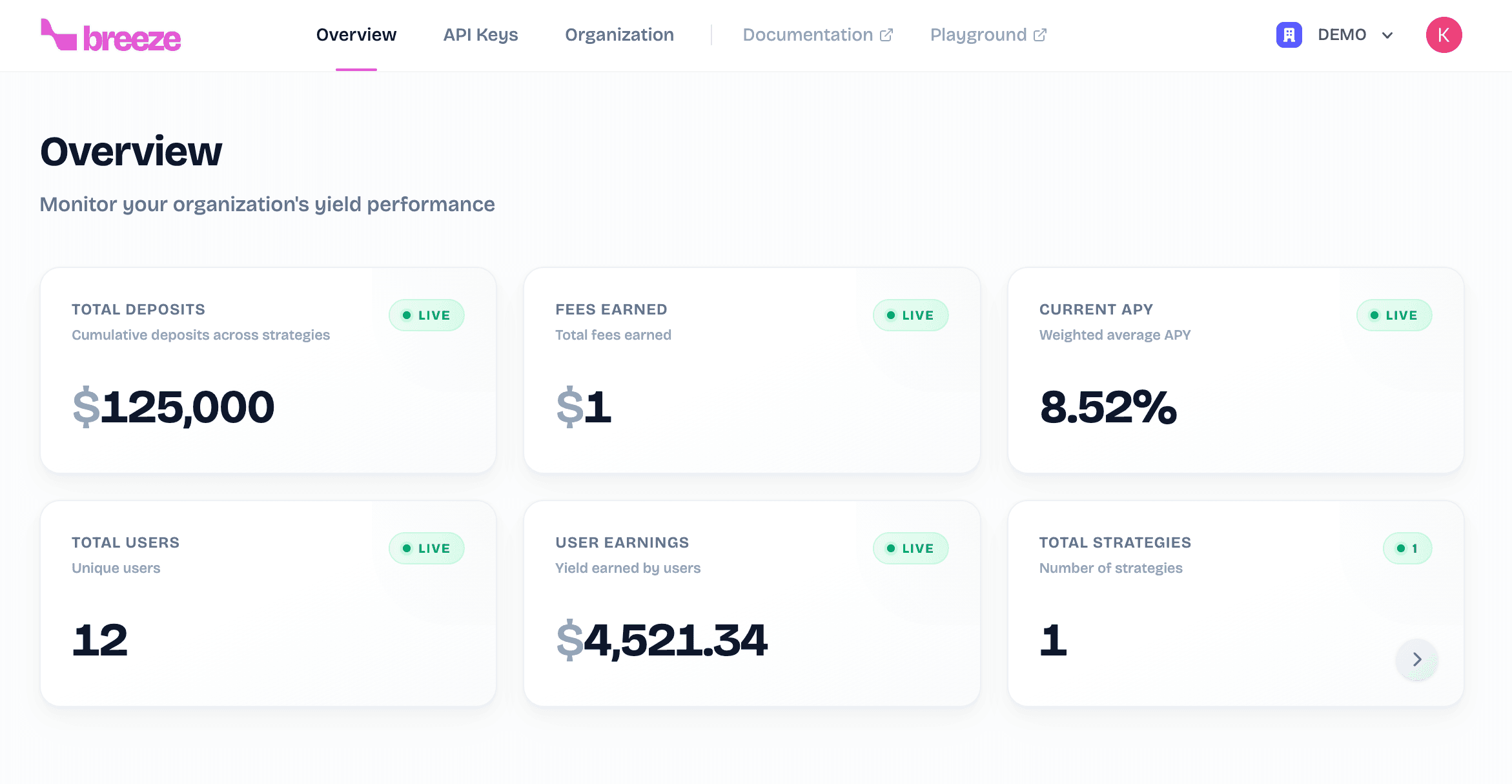 Organization overview showing deposits, fees, APY, users, earnings, and strategy metrics