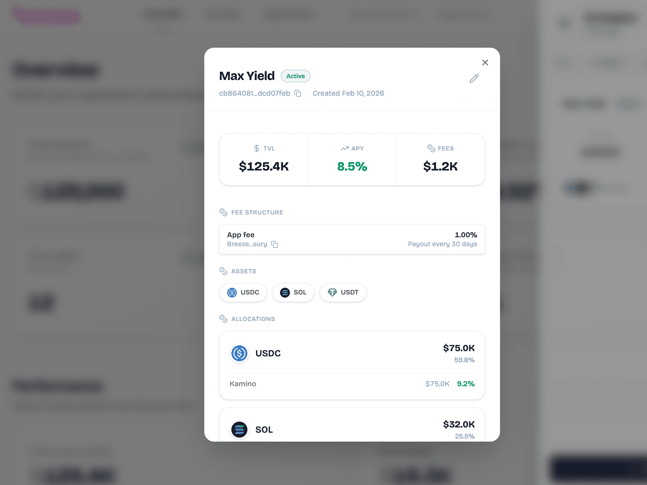 Strategy detail view showing the strategy ID, performance, and asset allocation